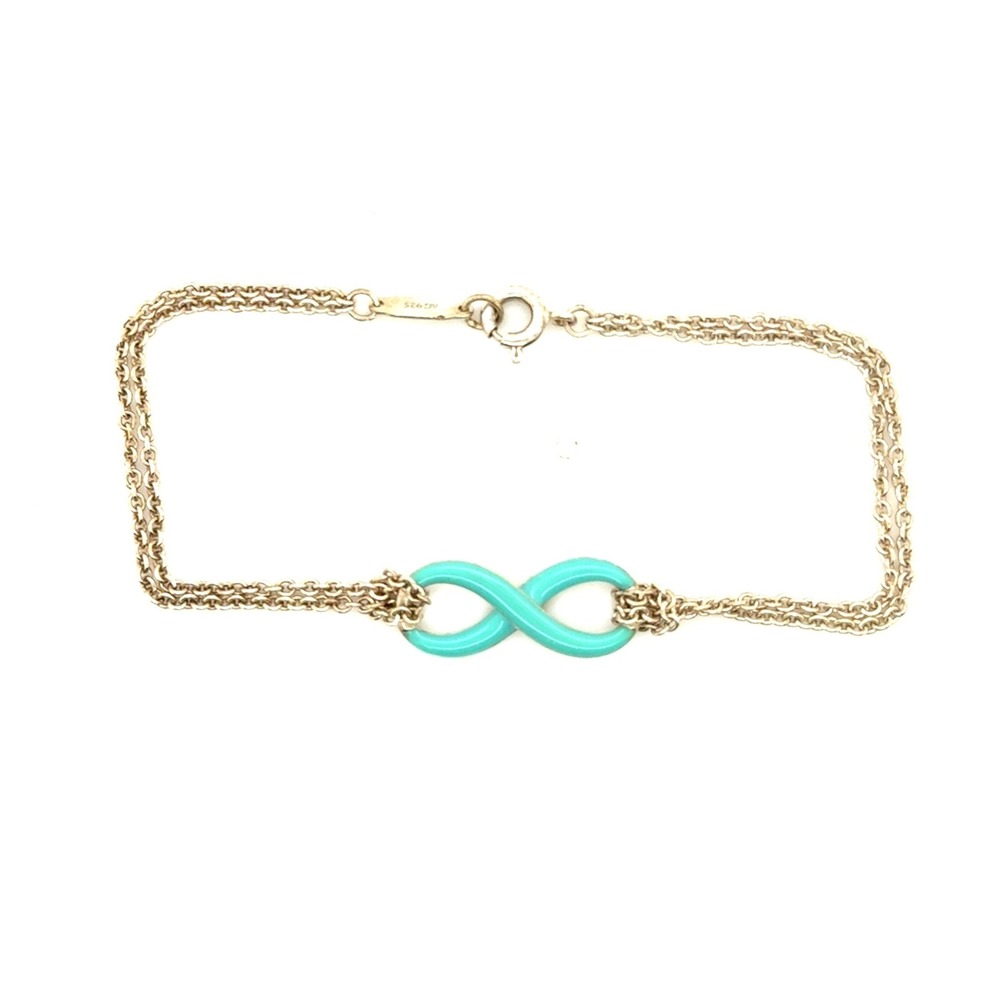 Tiffany‎ & Co Infinity Double Chain Bracelet Sterling Silver Blue Enamel 6.5in